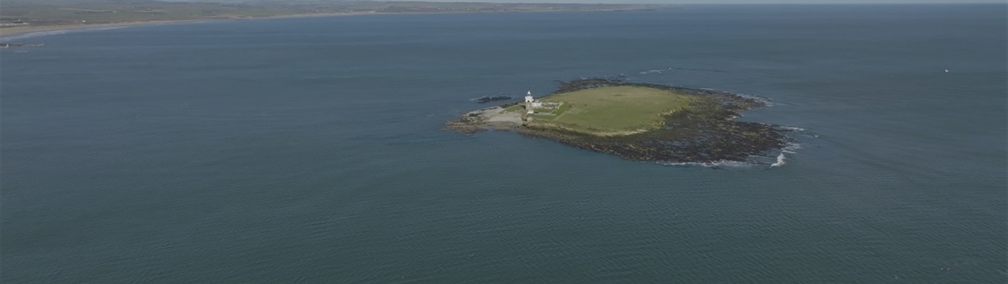 Aerial image of RSPB Coquet Island Nature Reserve, Northumberland, Summer 