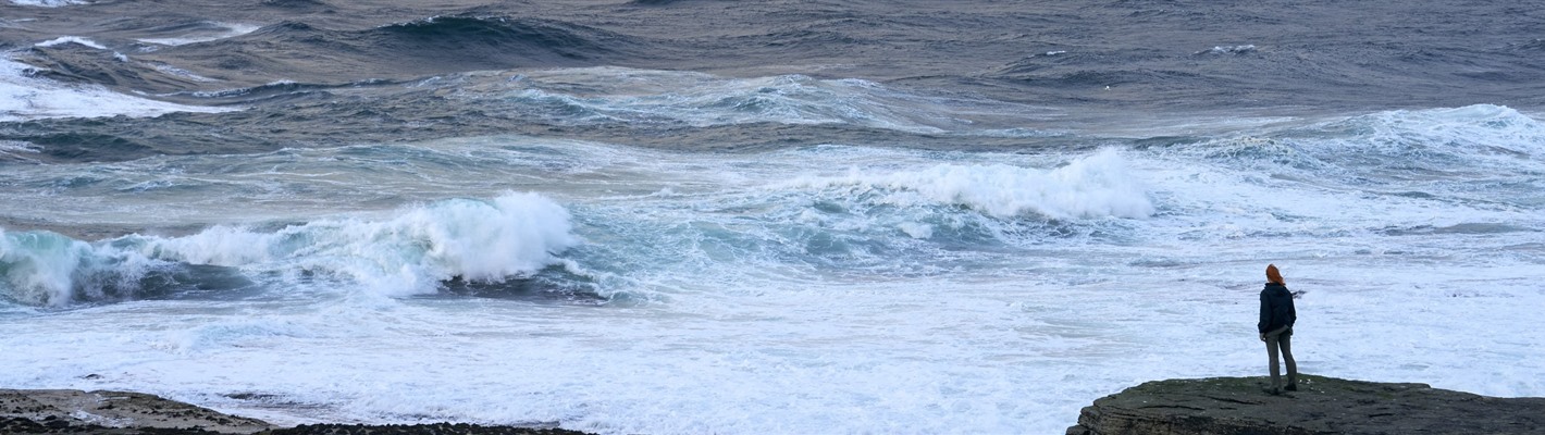 Still from The Outrun film showing Saoirse Ronan at bottom right standing at rocky seaside looking out to rough seas