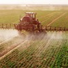 Tractor spraying crops with pesticide in an arable field
