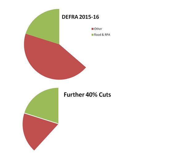 FIGURE 2: Pie charts representing net DEFRA cuts since 2010 in 2015 and 2020 after 40% cuts.
