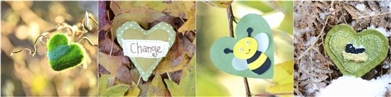 A felt heart on a hazel twig, a polkadot heart with 'change' across the middle in a bed of autumn leaves, a paper-craft bee heart in a sycamore tree and a blackbird, complete with nest, nestled in snowy bracken