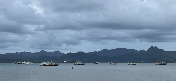 Suva port with boats in the foreground and mountains on the horizon