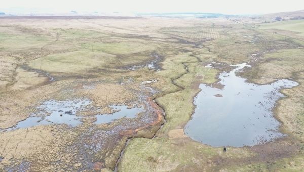 Aerial view showing wetlands, grasslands and bog at RSPB Airds Moss