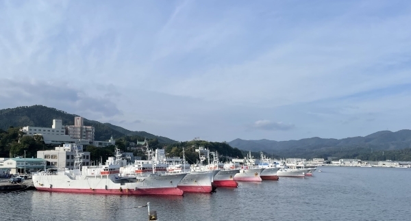 Kesennuma Port with boats and open water in the foreground and mountains in the background