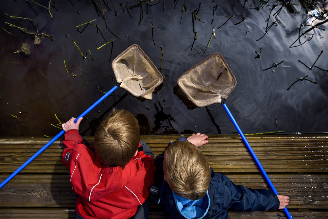  Two children pond dipping, seen from above