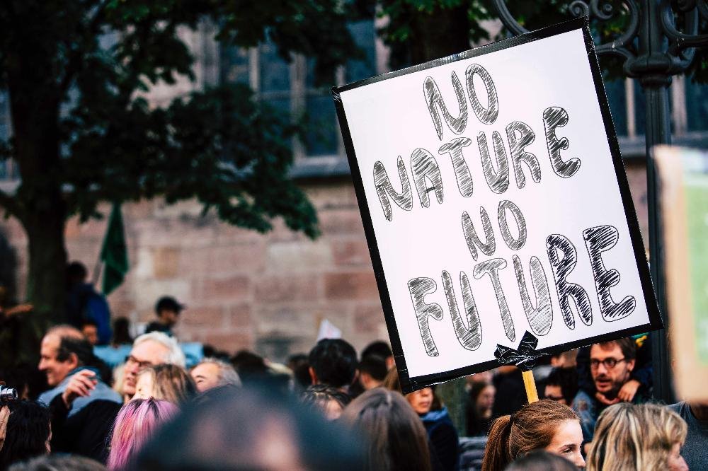 A group of people at a protest, holding up a sign which reads, "NO NATURE NO FUTURE".