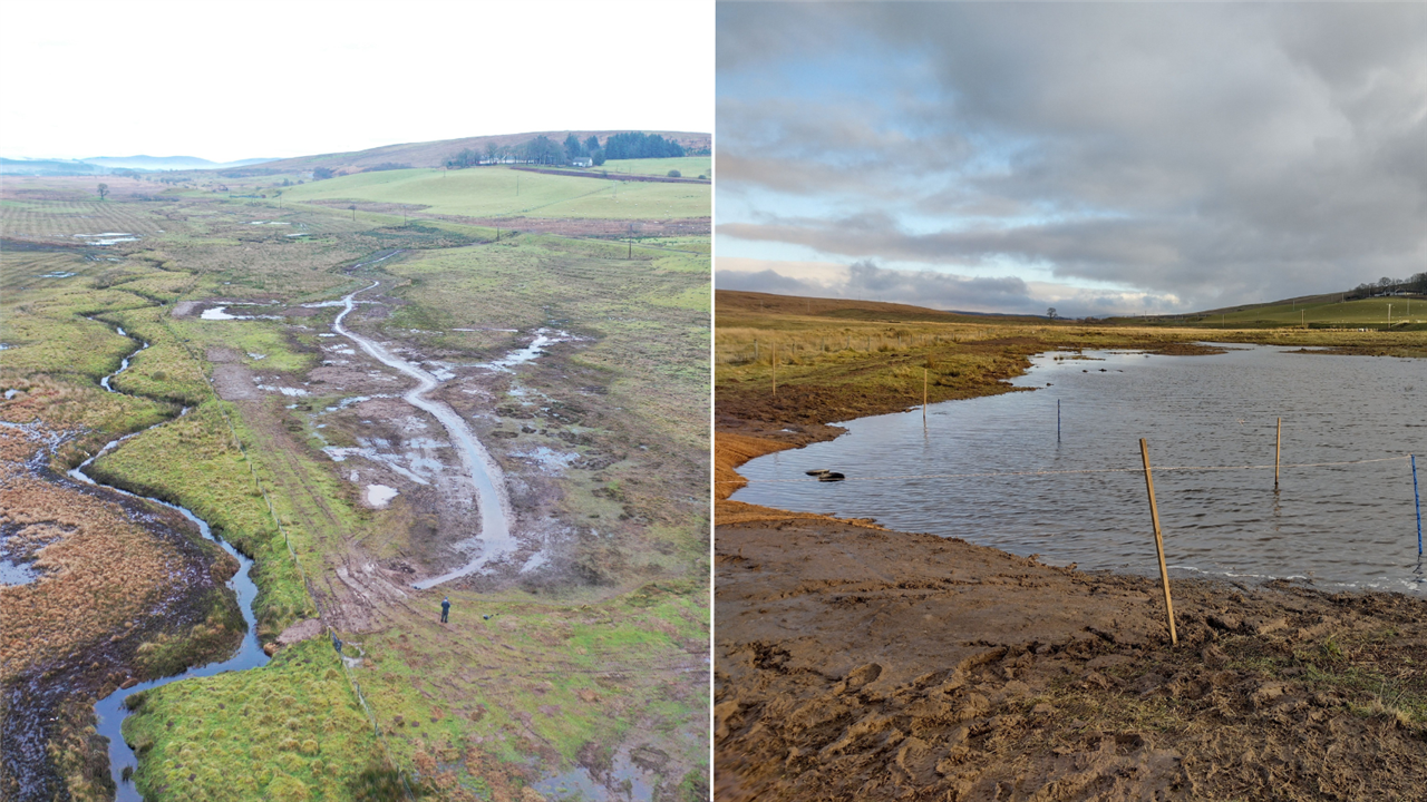 Two images side by side. On the left is an aerial shot of the new wetland at Airds Moss, with a channel running by several small pools. On the right is a ground shot of a large pool in the same area.