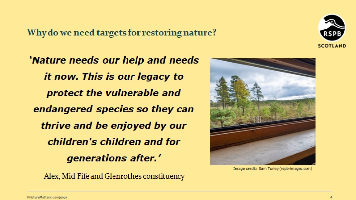  An image of trees viewed from a wildlife hide, alongside the following text: "Why do we need targets for restoring nature? Nature needs our help and needs it now. This is our legacy to protect the vulnerable and endangered species so they can thrive and be enjoyed by our children's children and for generations after. Alex, Mid Fife and Glenrothes constituency."