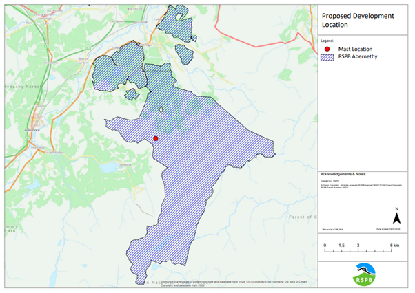 A map showing the proposed mast location within RSPB Scotland's Abernethy nature reserve.