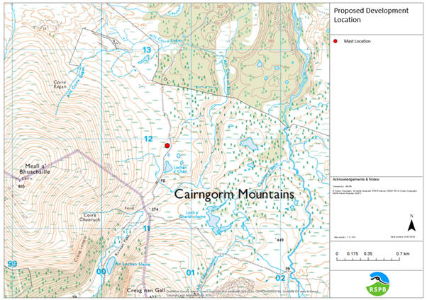 A map showing the proposed mast location in the Cairngorms National Park.