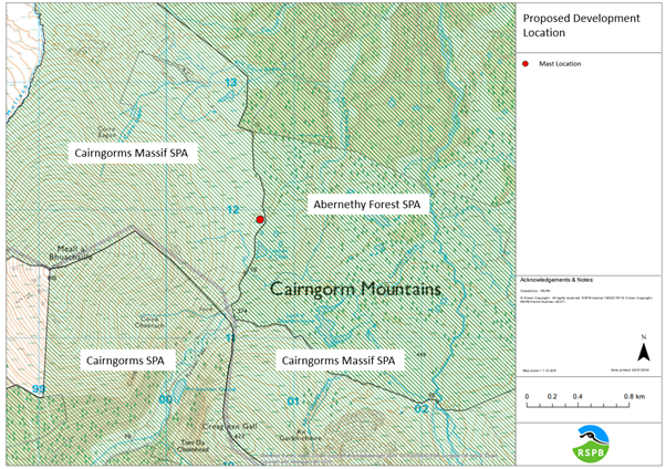 A map showing the proposed mast location in the Cairngorms Massif SPA, and close to the Abernethy Forest SPA and the Cairngorms SPA .