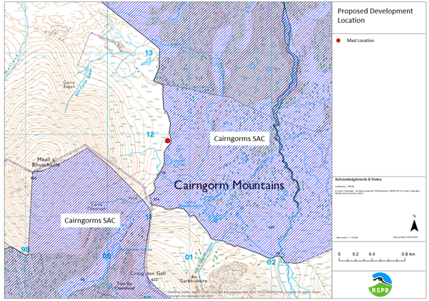 A map showing the proposed mast location right beside the Cairngorms SAC.