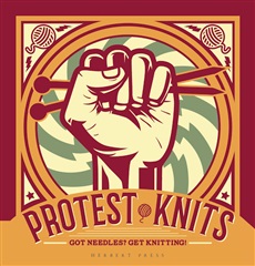The image shows an outline of a hand raised in a fist clutching a pair of knitting needles above the words 'Protest knits'.