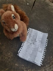 A cuddly toy squirrel rests an a wooden stump with a hand written letter scribed by a child placed next to it
