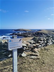 A sign with a picture of a storm petrel and some text is infront of a stone wall with the sea and cliffs in the background