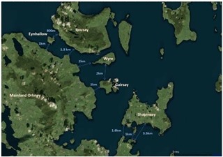 Map showing distances between Orkney Mainland and nearby islands - most are less than 2 km