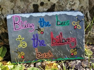 A colourfully painted slate with the words 'bring the bees to the bilberry bush' on.