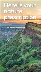 Leaflet front cover - view of Arthur's seat with words Here is your nature prescription