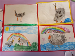 Colourful drawings of geese by pupils