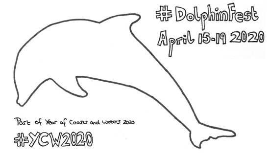 pencil drawing showing a dolphin and dates of dolphinfest (April 15 - 19 2020) 