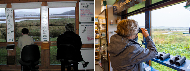  Two images. On the left are two people looking out of the window onto wetlands from Lochwinnoch's visitor centre sometime in the past. On the right, a woman is looking out another window in the shop as it is now.