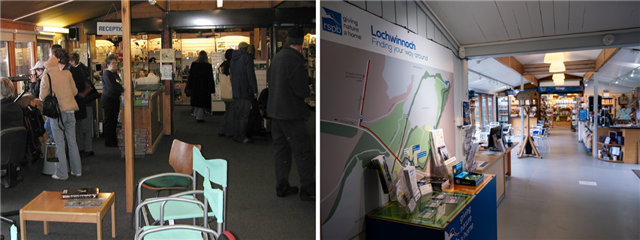  Two images. On the left is the inside of Lochwinnoch's visitor centre full of people. On the right is the visitor centre now, with modern maps and facilities.