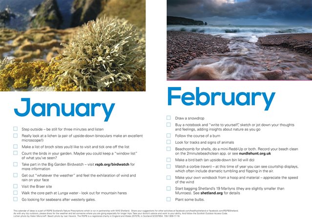 The January and February pages of the Shetland calendar with two big images at the top and suggested activities bullet pointed below.