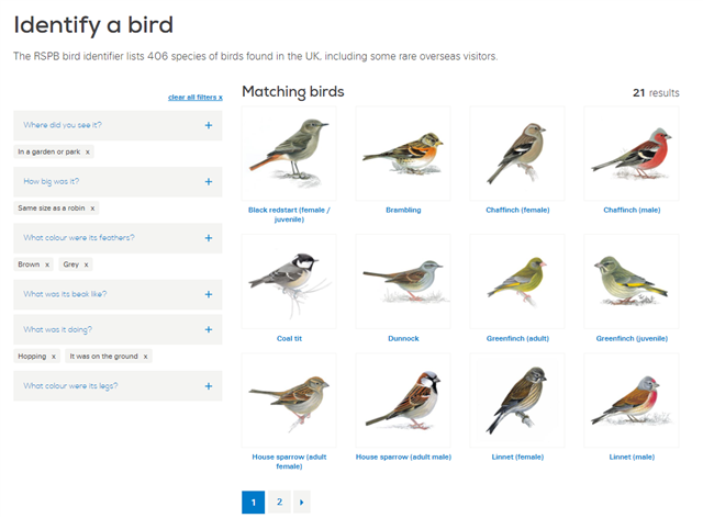 RSPB online identifier showing possible birds