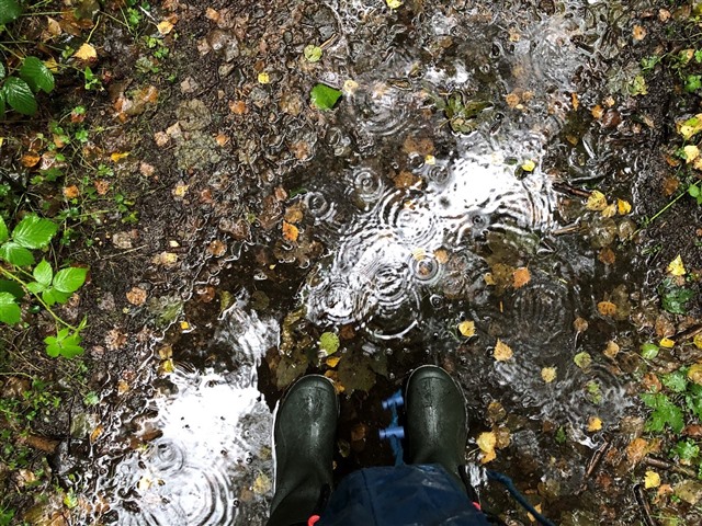 A pair of wellies standing in a puddle