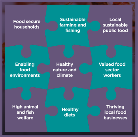  A list of important elements needed in Scotland's food system is connected in the form of a jigsaw. The list is as follows: "Food secure households", "Sustainable farming and fishing", "Local sustainable public food", "Enabling food environments", "Healthy nature and climate", "Valued food sector workers", "High animal and fish welfare", "Healthy diets", "Thriving local food businesses".