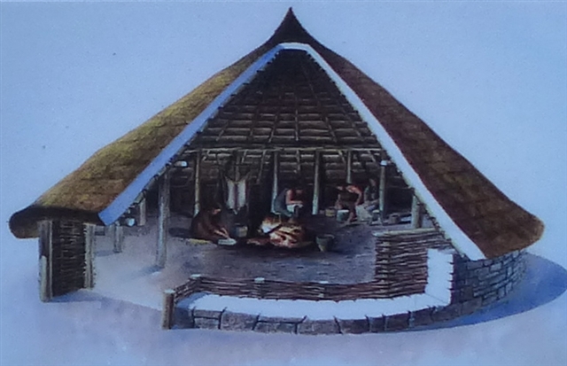  A drawing of a reconstructed Bronze Age roundhouse, showing the family and their possessions inside.