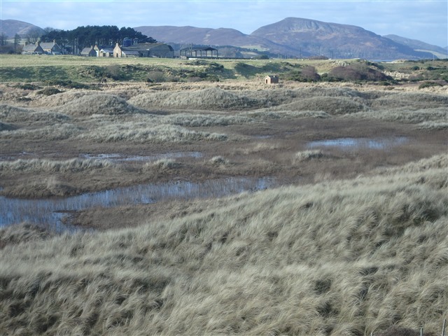Marshy sand dunes at Coul Links with buildings and mountains in the background.