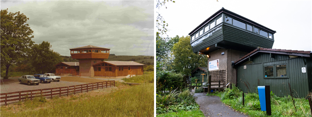 Two images. On the left is an old photo of the car park and visitor centre at RSPB Scotland Lochwinnoch. There are two old cars and the centre is made of brown wood. On the right is the visitor centre as it looks now, with a coat of dark green paint.
