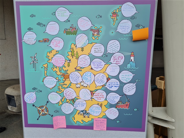  A board with a map of Scotland where people have added notes of ways that the Scottish food system could be improved.
