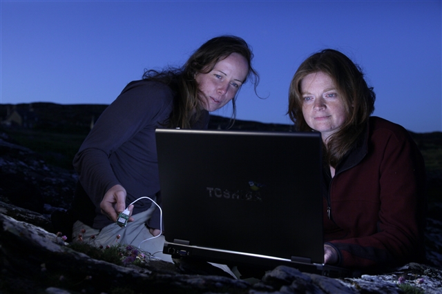 Ellie Owen and Tessa Cole analysing seabird data on a laptop. They are outside at night.