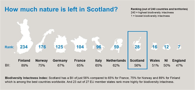  Diagram comparing biodiversity intactness of Scotland at 56% and ranked 28th from bottom compared to other nations including Finland at 89%, Italy at 65% and England at 47%