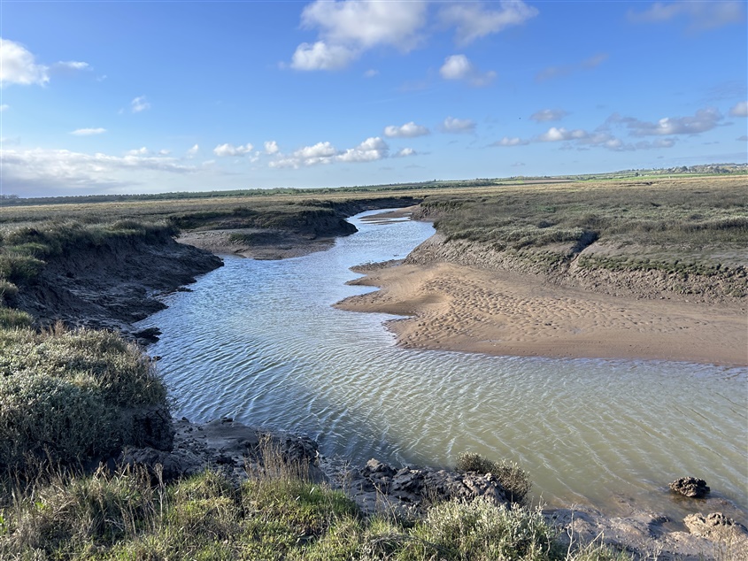 A channel of water with steep sides runs through a marsh. Muddy banks a green vegetation line the water